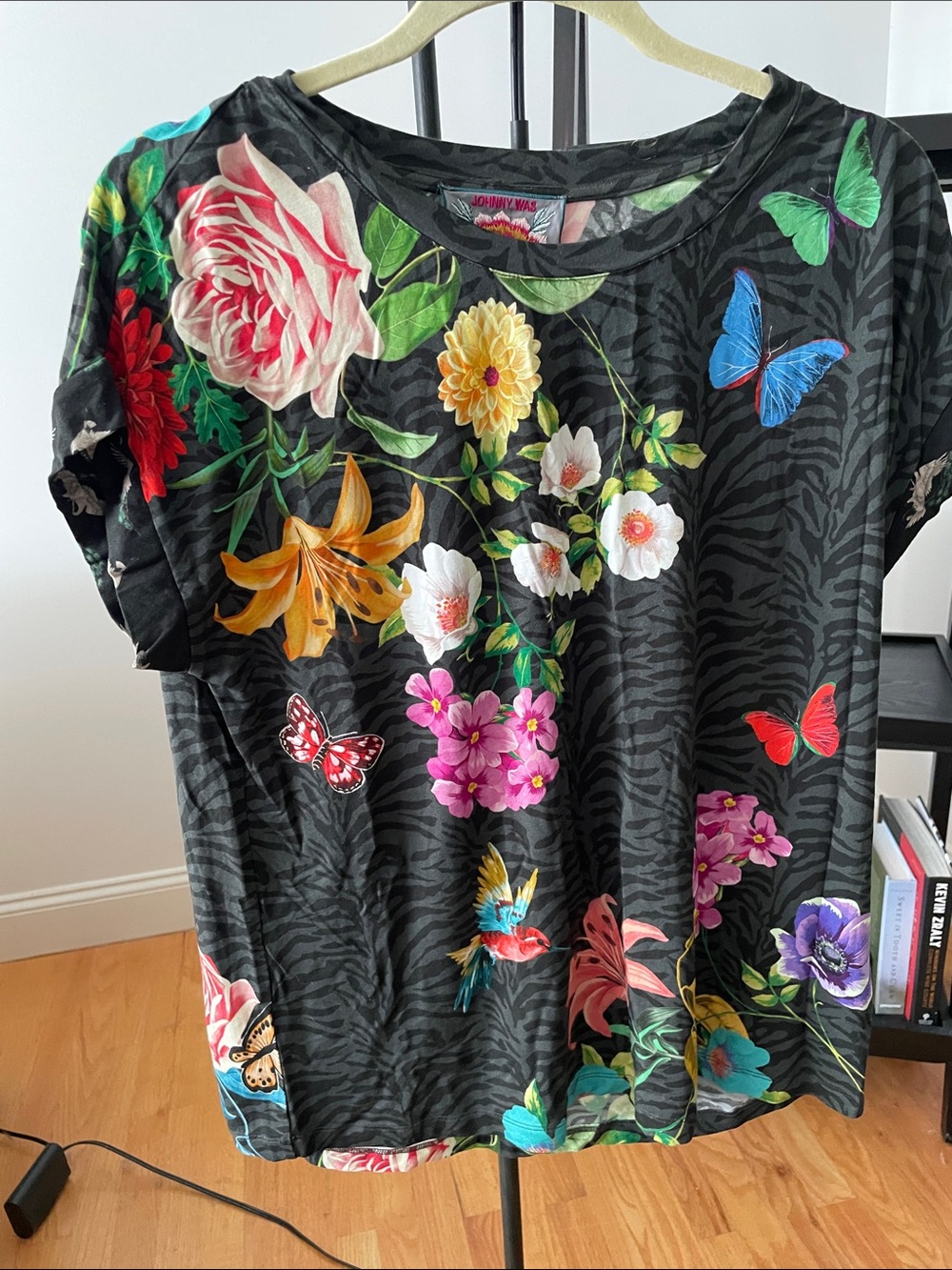 Johnny Was Black Floral & Butterfly Short Sleeve Tee with Multicolor Accents